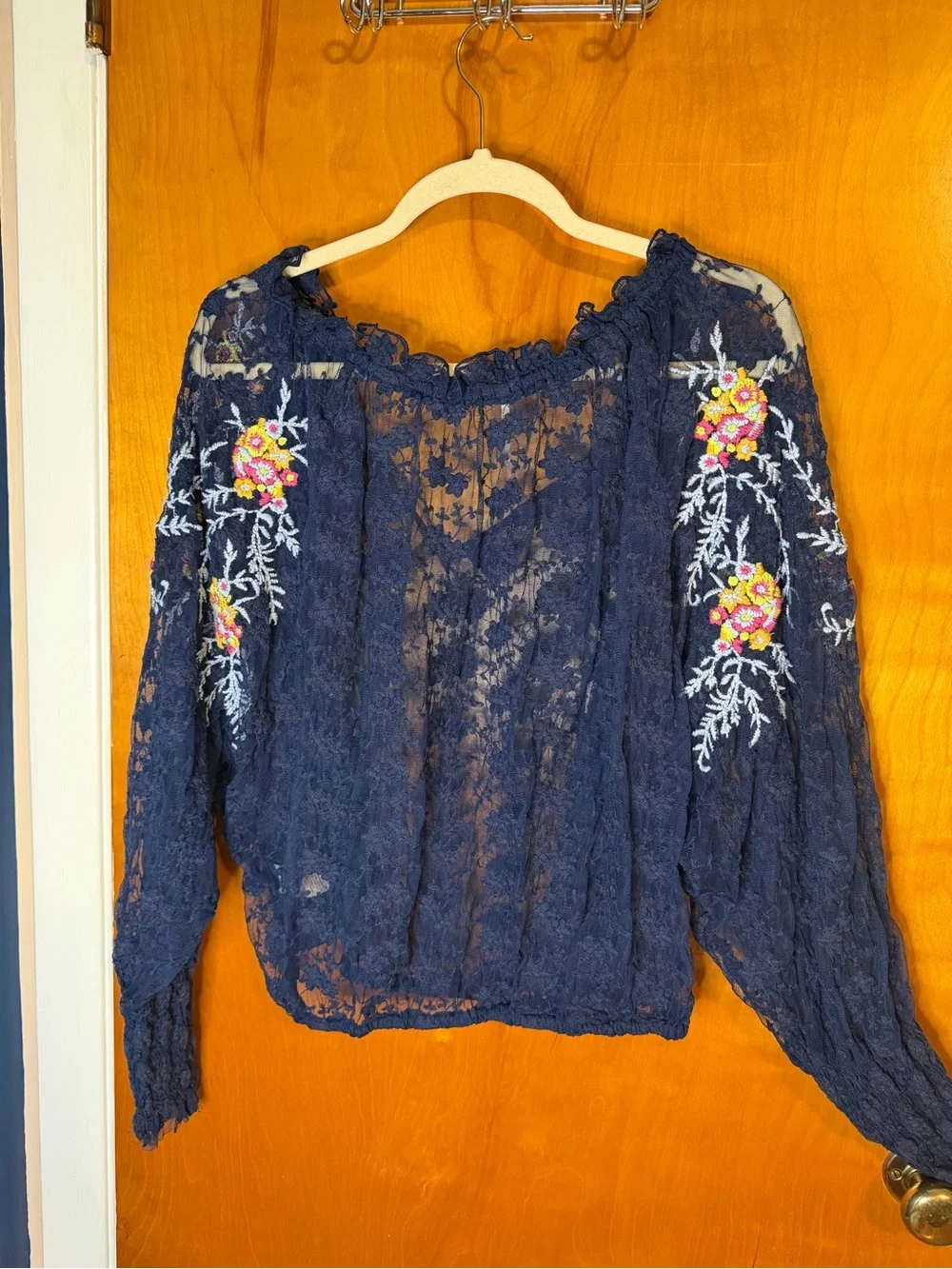 Free People Navy Lace Blouse with Floral Embroidery